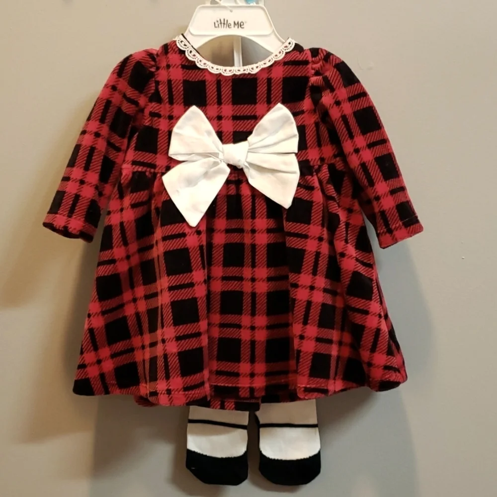 Little Me NWT Red and Black Plaid Dress with Lace/Bow Trim and Tights